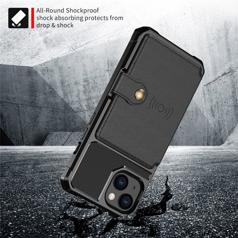 ZM03 Magnetic Metal Sheet Design TPU Phone Case with PU Leather Wallet for iPhone 13 6.1 inch - Black - 4