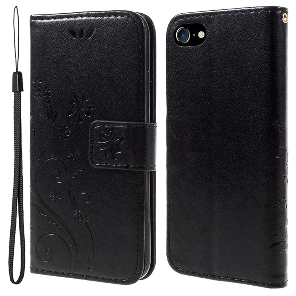 PU Leather Case for iPhone SE (2020) / SE (2022) / 8 / 7 4.7 inch Phone Wallet Cover with Strap - Black - 1