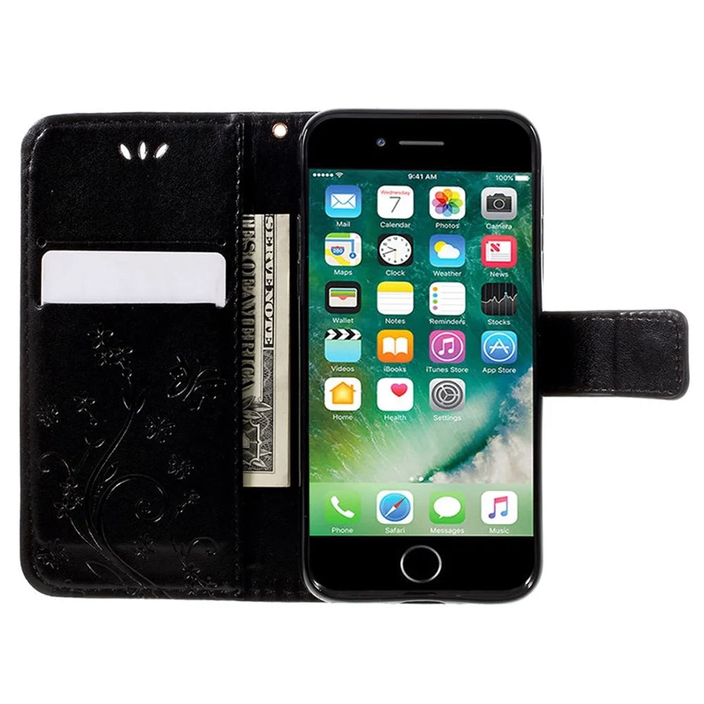 PU Leather Case for iPhone SE (2020) / SE (2022) / 8 / 7 4.7 inch Phone Wallet Cover with Strap - Black - 3