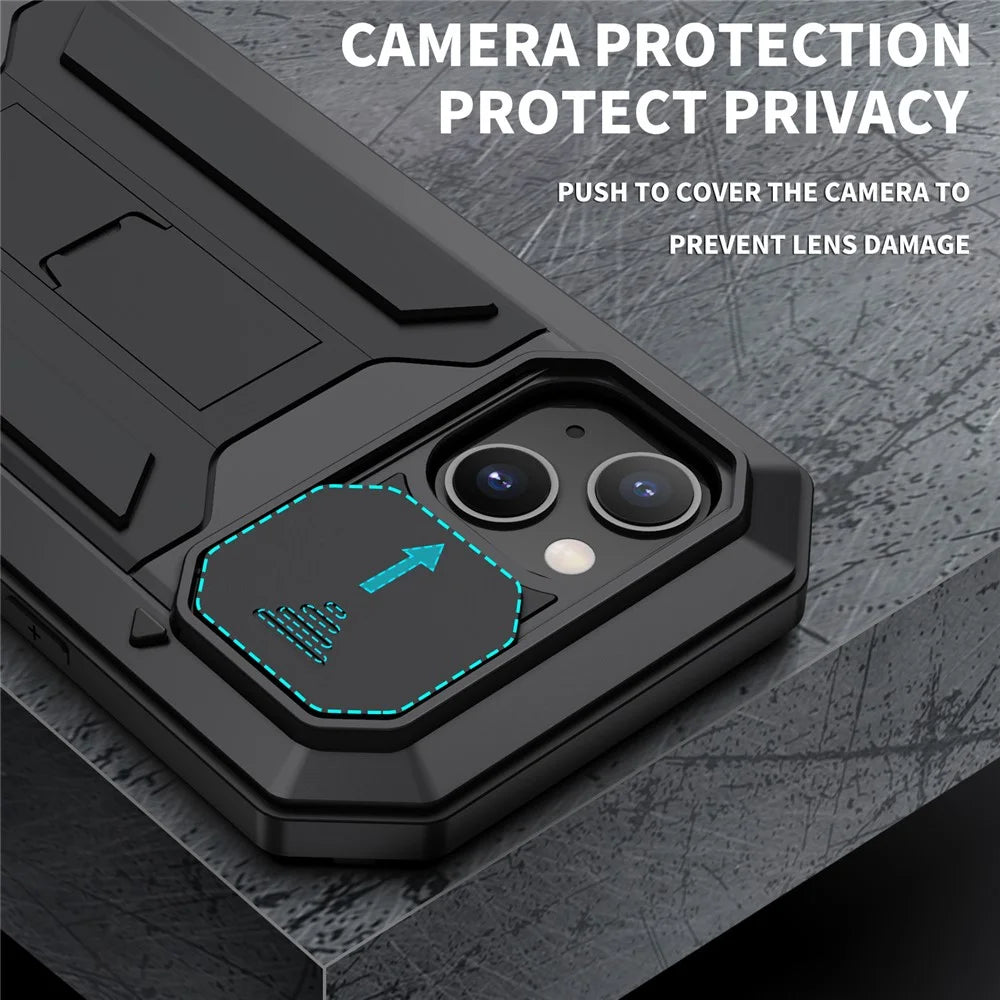 R-JUST Slide Camera Cover Shockproof PC + Silicone + Metal Hybrid Phone Case Cover with Kickstand Design for iPhone 13 6.1 inch - Black - 2