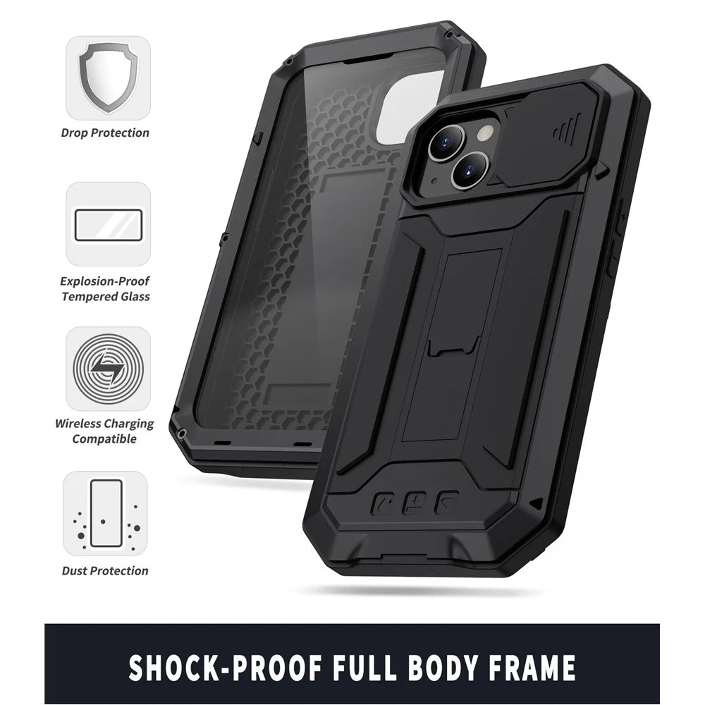 R-JUST Slide Camera Cover Shockproof PC + Silicone + Metal Hybrid Phone Case Cover with Kickstand Design for iPhone 13 6.1 inch - Black - 3