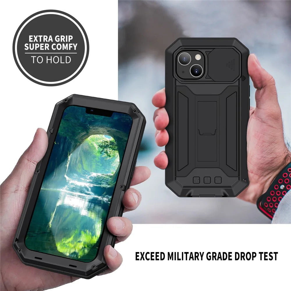 R-JUST Slide Camera Cover Shockproof PC + Silicone + Metal Hybrid Phone Case Cover with Kickstand Design for iPhone 13 6.1 inch - Black - 4