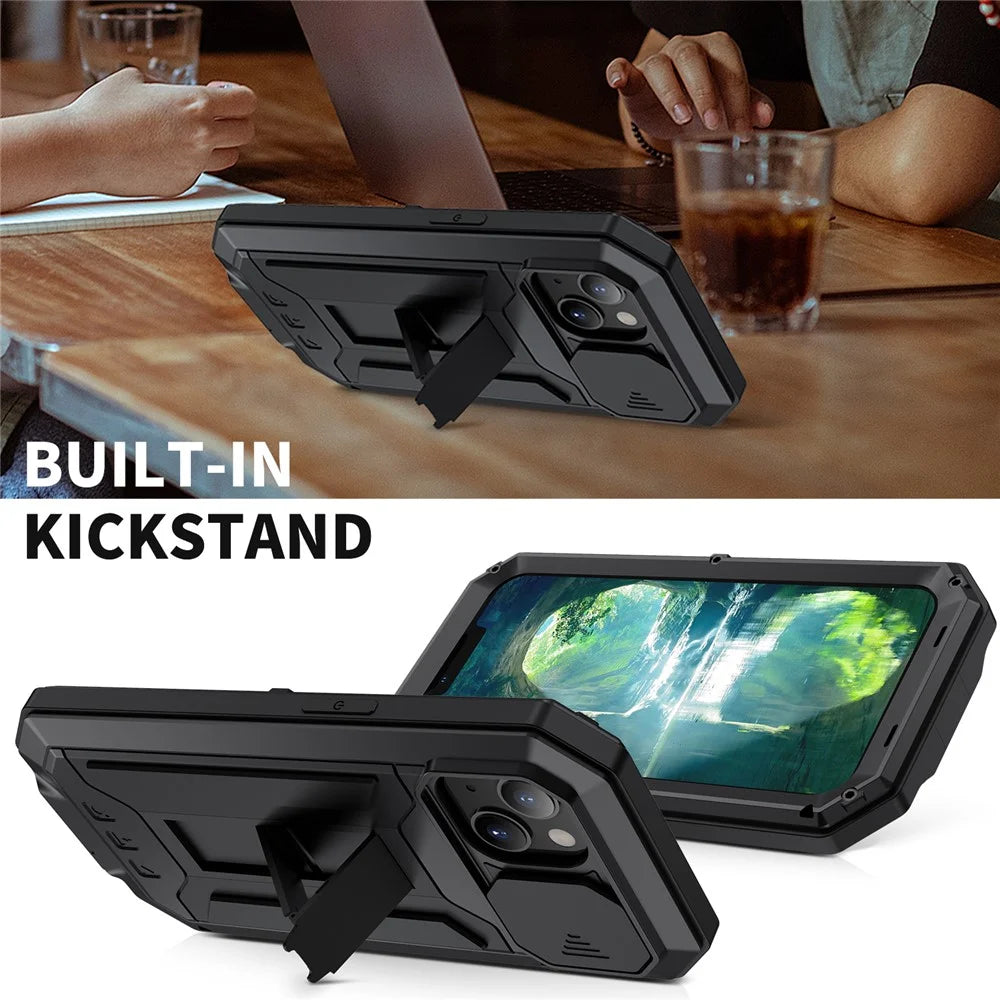R-JUST Slide Camera Cover Shockproof PC + Silicone + Metal Hybrid Phone Case Cover with Kickstand Design for iPhone 13 6.1 inch - Black - 6