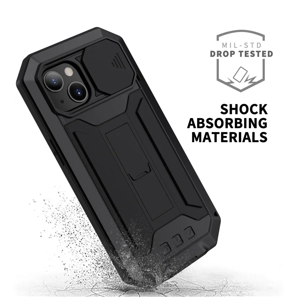 R-JUST Slide Camera Cover Shockproof PC + Silicone + Metal Hybrid Phone Case Cover with Kickstand Design for iPhone 13 6.1 inch - Black - 7