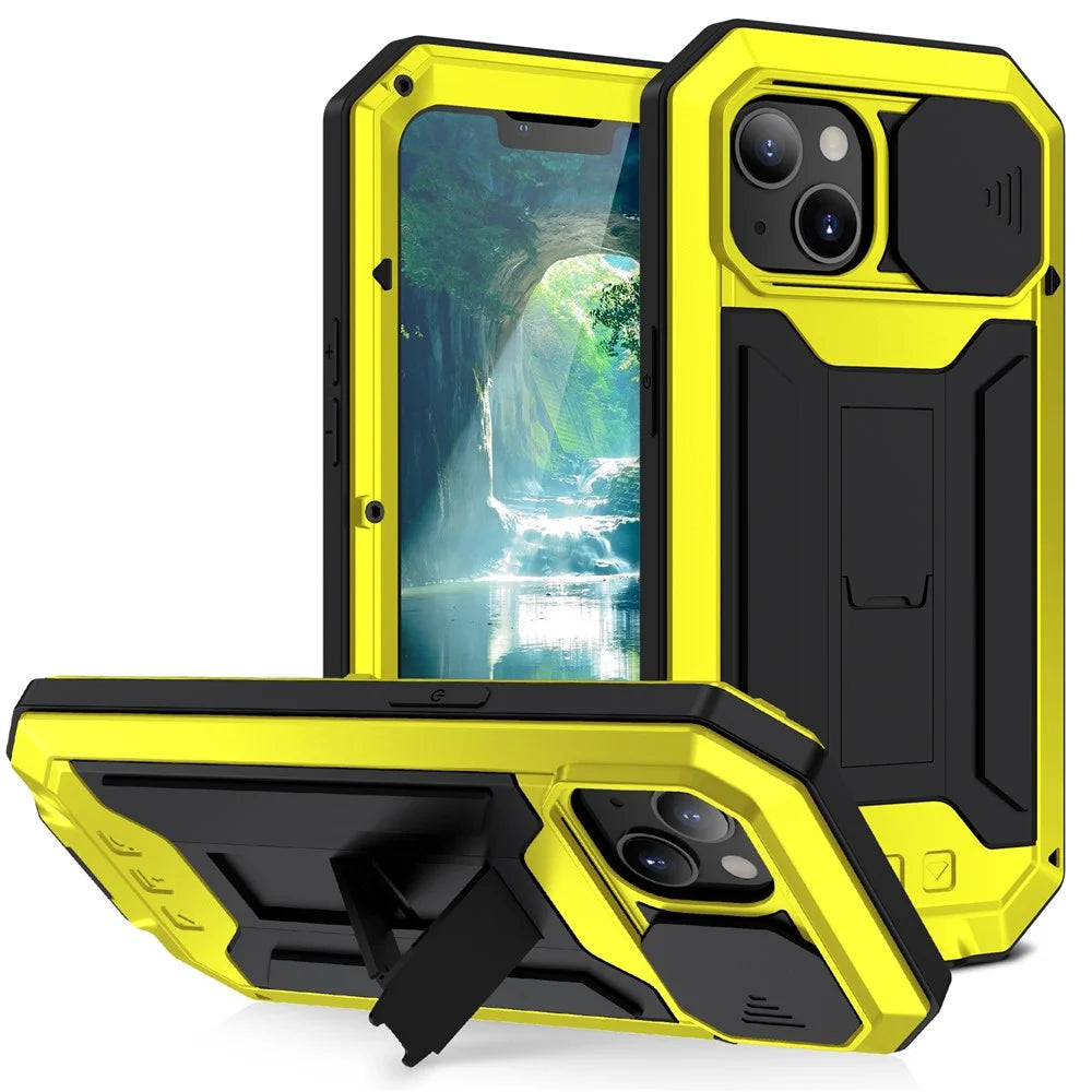 R-JUST Triple Protection Dustproof Dropproof Daily Waterproof Phone Protector Cover Kickstand Shell with Tempered Glass Screen Protector for iPhone 13 mini 5.4 inch - Yellow - 1