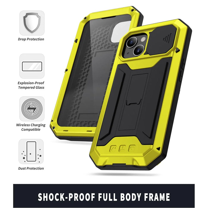 R-JUST Triple Protection Dustproof Dropproof Daily Waterproof Phone Protector Cover Kickstand Shell with Tempered Glass Screen Protector for iPhone 13 mini 5.4 inch - Yellow - 3