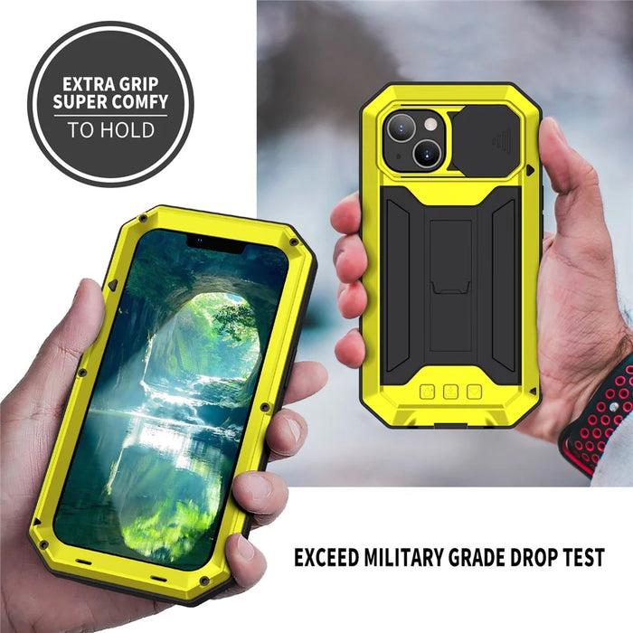 R-JUST Triple Protection Dustproof Dropproof Daily Waterproof Phone Protector Cover Kickstand Shell with Tempered Glass Screen Protector for iPhone 13 mini 5.4 inch - Yellow - 4