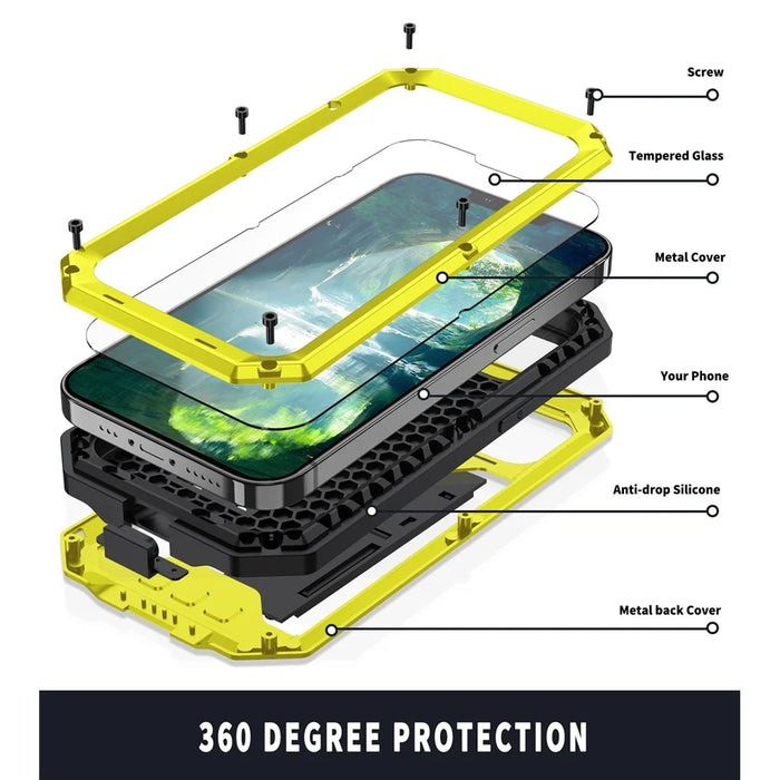 R-JUST Triple Protection Dustproof Dropproof Daily Waterproof Phone Protector Cover Kickstand Shell with Tempered Glass Screen Protector for iPhone 13 mini 5.4 inch - Yellow - 5
