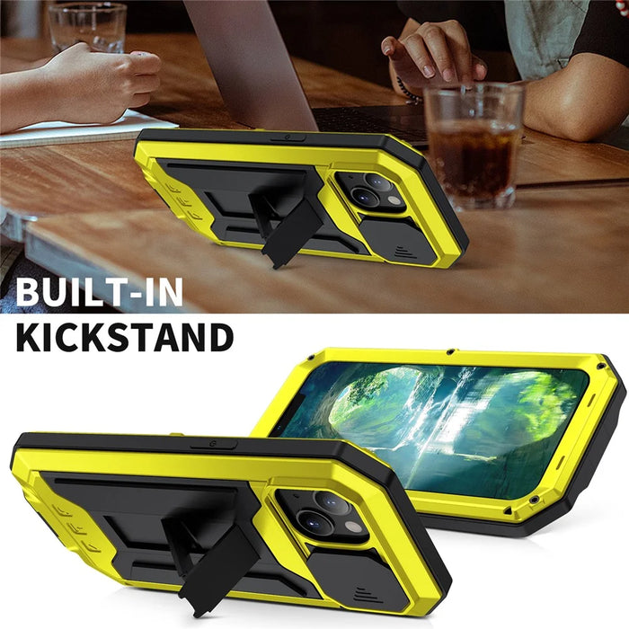 R-JUST Triple Protection Dustproof Dropproof Daily Waterproof Phone Protector Cover Kickstand Shell with Tempered Glass Screen Protector for iPhone 13 mini 5.4 inch - Yellow - 6