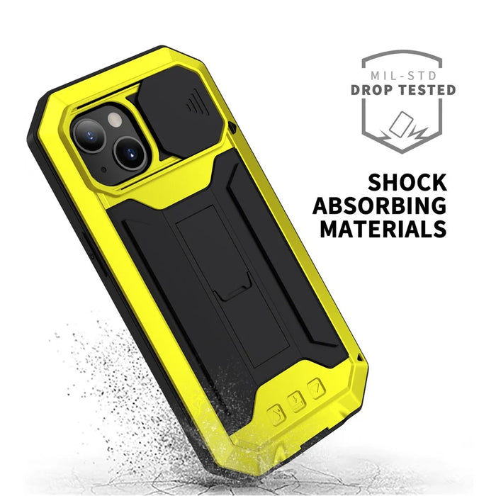 R-JUST Triple Protection Dustproof Dropproof Daily Waterproof Phone Protector Cover Kickstand Shell with Tempered Glass Screen Protector for iPhone 13 mini 5.4 inch - Yellow - 7