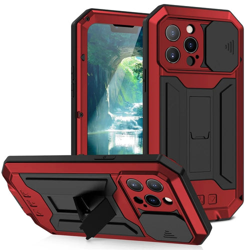 R-JUST Phone Protector Cover Kickstand Shell with Tempered Glass Screen Protector and Camera Slider for iPhone 13 Pro 6.1 inch - Red - 1