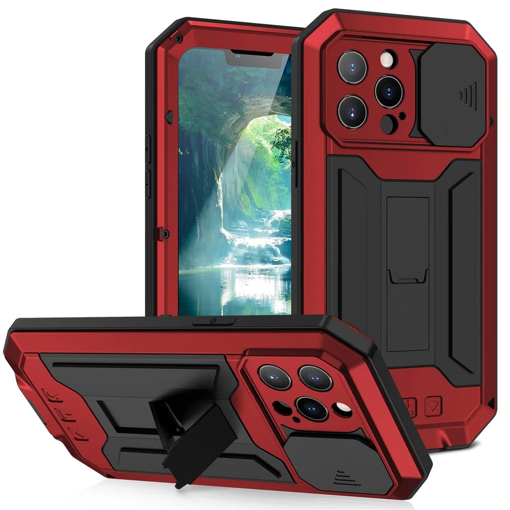 R-JUST Phone Protector Cover Kickstand Shell with Tempered Glass Screen Protector and Camera Slider for iPhone 13 Pro 6.1 inch - Red - 1