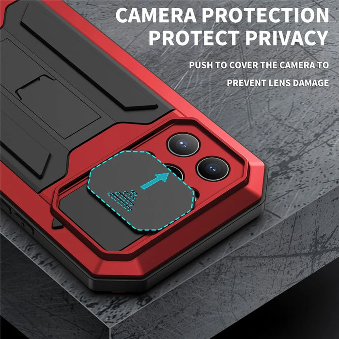 R-JUST Phone Protector Cover Kickstand Shell with Tempered Glass Screen Protector and Camera Slider for iPhone 13 Pro 6.1 inch - Red - 2