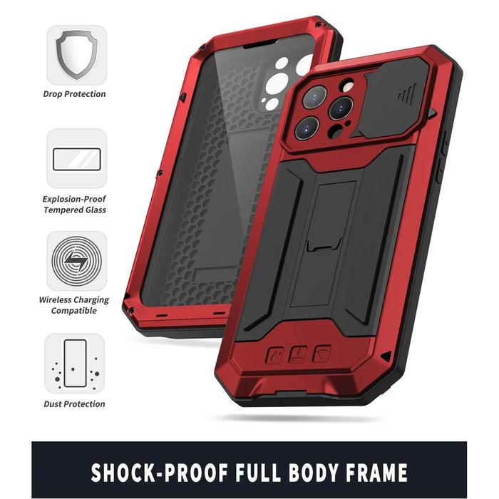 R-JUST Phone Protector Cover Kickstand Shell with Tempered Glass Screen Protector and Camera Slider for iPhone 13 Pro 6.1 inch - Red - 3