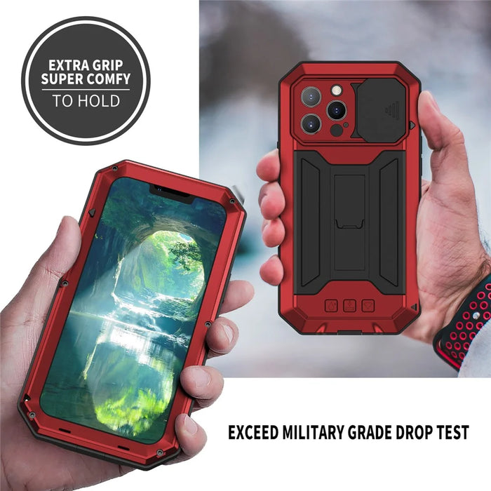 R-JUST Phone Protector Cover Kickstand Shell with Tempered Glass Screen Protector and Camera Slider for iPhone 13 Pro 6.1 inch - Red - 4