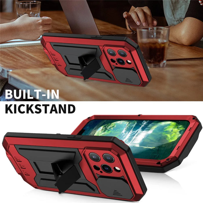 R-JUST Phone Protector Cover Kickstand Shell with Tempered Glass Screen Protector and Camera Slider for iPhone 13 Pro 6.1 inch - Red - 6