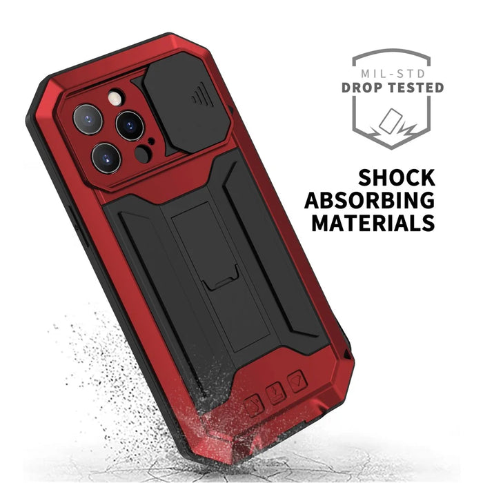 R-JUST Phone Protector Cover Kickstand Shell with Tempered Glass Screen Protector and Camera Slider for iPhone 13 Pro 6.1 inch - Red - 7
