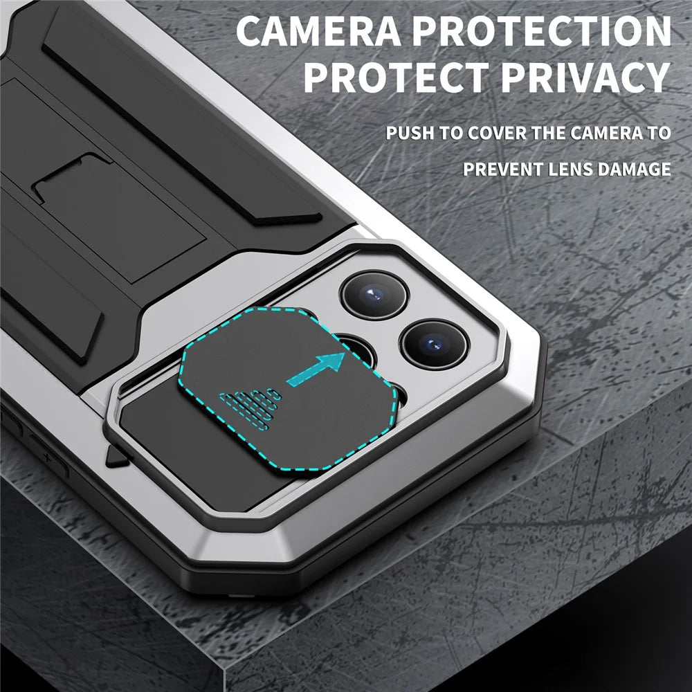 R-JUST Dustproof Dropproof Daily Waterproof Metal Frame Phone Protector Cover Kickstand Shell with Tempered Glass Screen Protector for iPhone 13 Pro Max 6.7 inch - Silver - 2