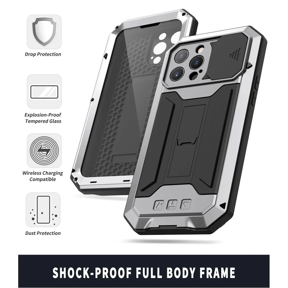 R-JUST Dustproof Dropproof Daily Waterproof Metal Frame Phone Protector Cover Kickstand Shell with Tempered Glass Screen Protector for iPhone 13 Pro Max 6.7 inch - Silver - 3