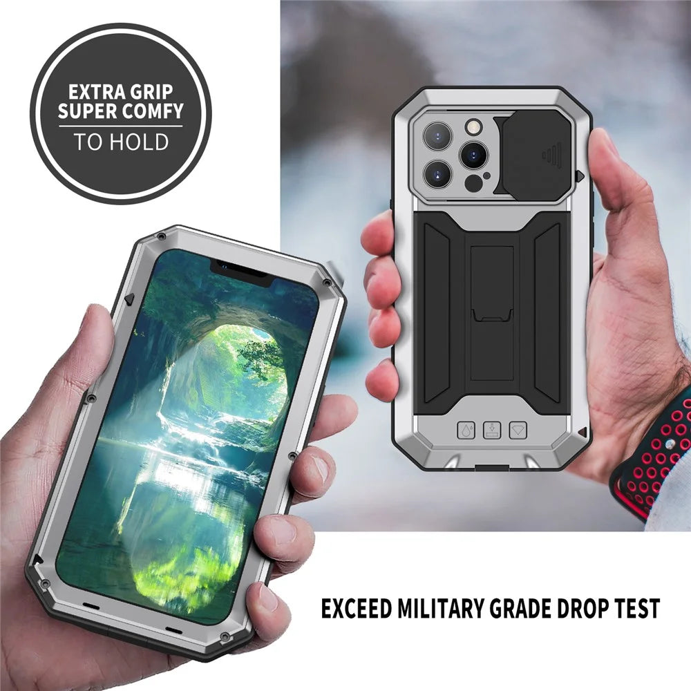R-JUST Dustproof Dropproof Daily Waterproof Metal Frame Phone Protector Cover Kickstand Shell with Tempered Glass Screen Protector for iPhone 13 Pro Max 6.7 inch - Silver - 4