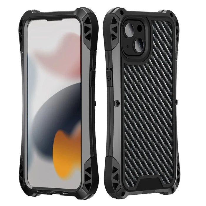 R-JUST AMIRA Shockproof Aluminium Alloy + Silicone + Tempered Glass Hybrid Phone Case Cover for iPhone 13 6.1 inch - Black - 1