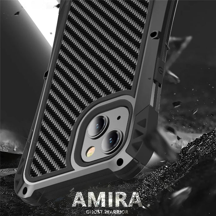 R-JUST AMIRA Shockproof Aluminium Alloy + Silicone + Tempered Glass Hybrid Phone Case Cover for iPhone 13 6.1 inch - Black - 2
