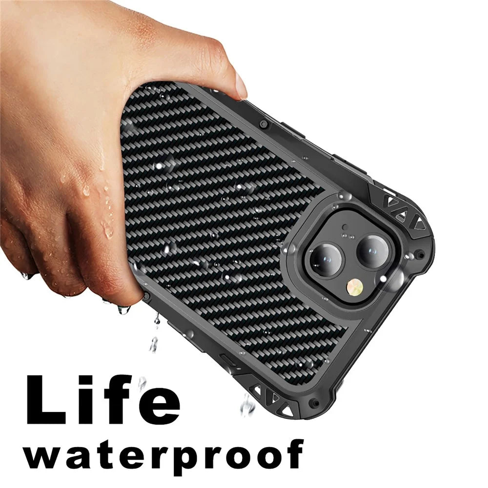 R-JUST AMIRA Shockproof Aluminium Alloy + Silicone + Tempered Glass Hybrid Phone Case Cover for iPhone 13 6.1 inch - Black - 3