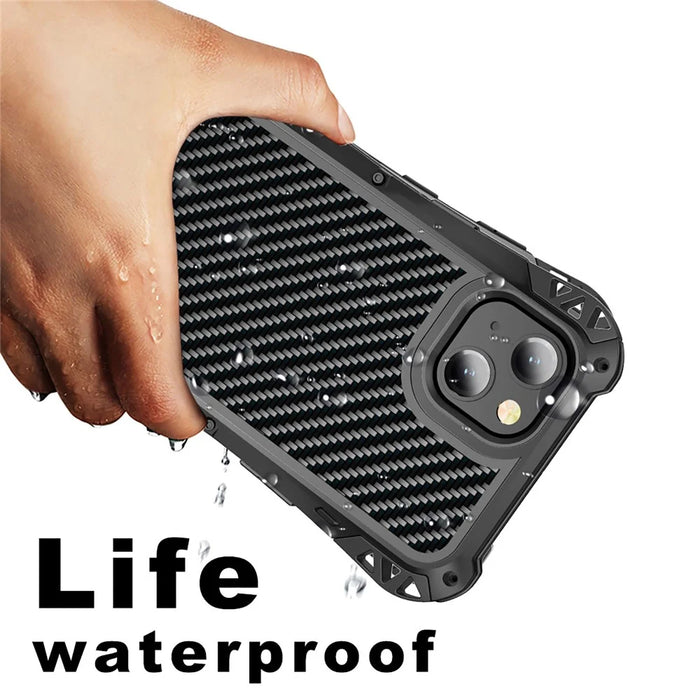 R-JUST AMIRA Shockproof Aluminium Alloy + Silicone + Tempered Glass Hybrid Phone Case Cover for iPhone 13 6.1 inch - Black - 3
