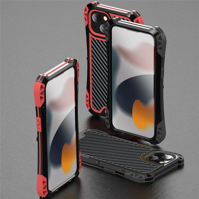R-JUST AMIRA Shockproof Aluminium Alloy + Silicone + Tempered Glass Hybrid Phone Case Cover for iPhone 13 6.1 inch - Black - 4