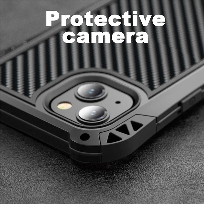 R-JUST AMIRA Shockproof Aluminium Alloy + Silicone + Tempered Glass Hybrid Phone Case Cover for iPhone 13 6.1 inch - Black - 6