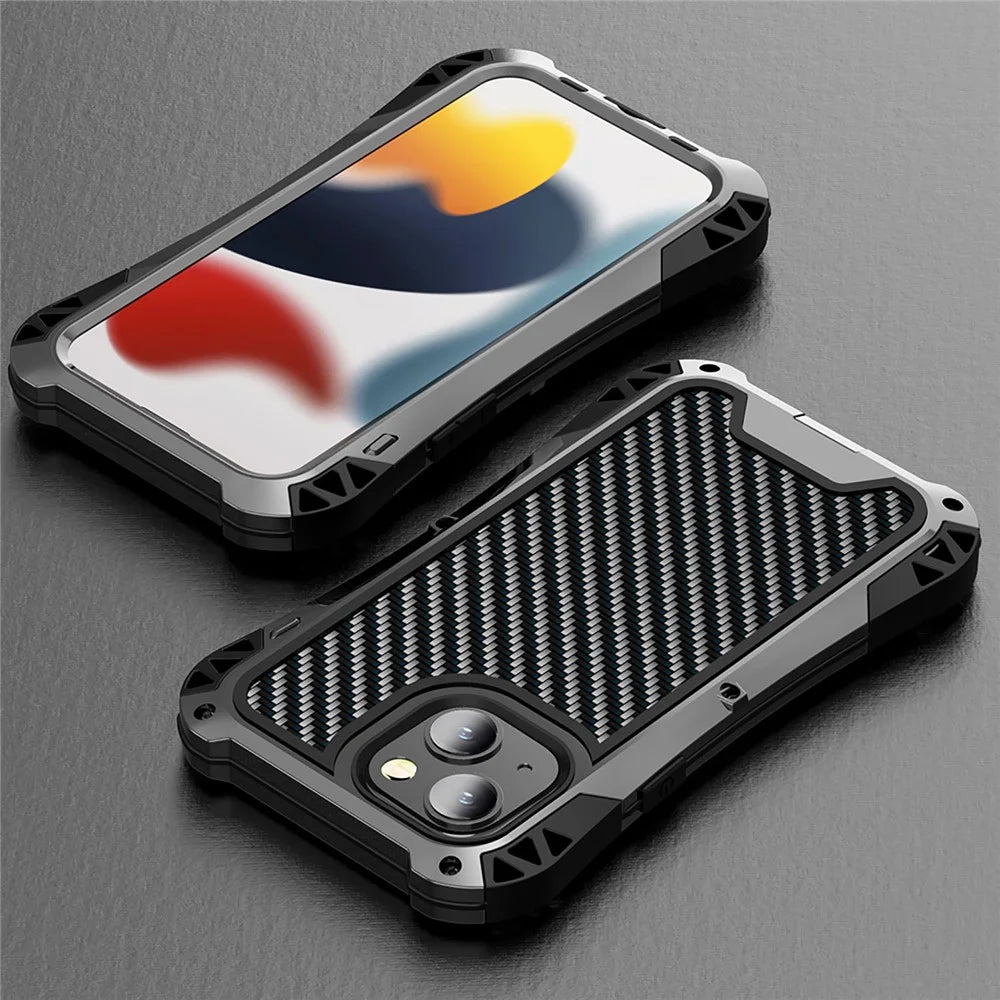 R-JUST AMIRA Shockproof Aluminium Alloy + Silicone + Tempered Glass Hybrid Phone Case Cover for iPhone 13 6.1 inch - Black - 7