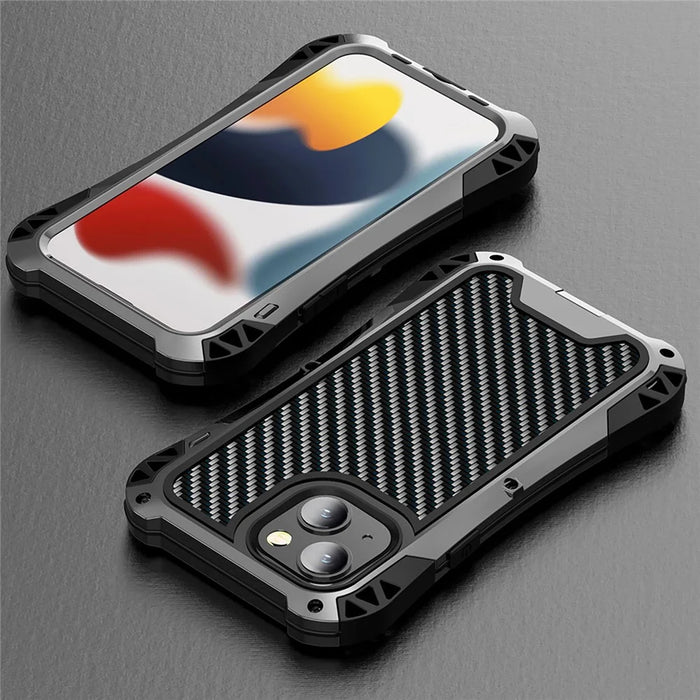 R-JUST AMIRA Shockproof Aluminium Alloy + Silicone + Tempered Glass Hybrid Phone Case Cover for iPhone 13 6.1 inch - Black - 7