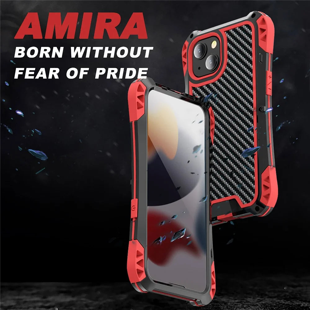 R-JUST AMIRA Four Corner Airbags Anti Fall Hybrid Case Phone Protective Cover for iPhone 13 mini 5.4 inch - Black / Red - 4