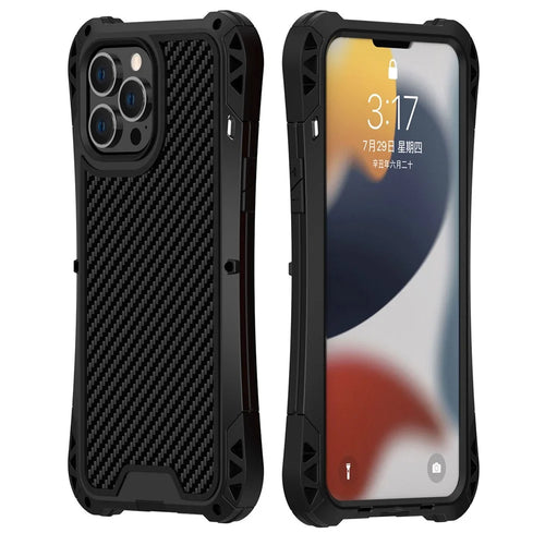 R-JUST AMIRA Carbon Fiber Texture Aluminium Alloy + Silicone + Tempered Glass Anti-fall Hybrid Case Phone Shell for iPhone 13 Pro 6.1 inch - Black - 1