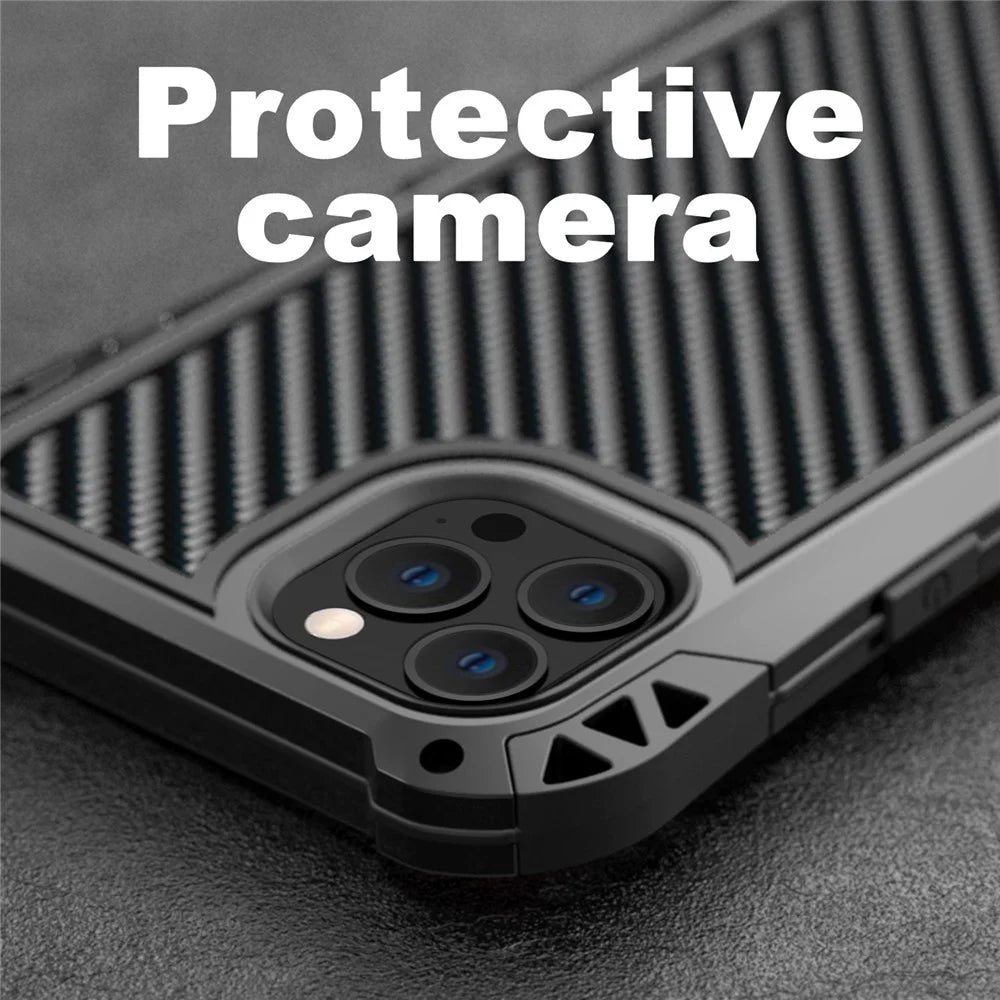 R-JUST AMIRA Carbon Fiber Texture Aluminium Alloy + Silicone + Tempered Glass Anti-fall Hybrid Case Phone Shell for iPhone 13 Pro 6.1 inch - Black - 2