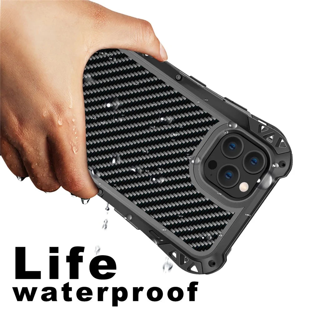 R-JUST AMIRA Carbon Fiber Texture Aluminium Alloy + Silicone + Tempered Glass Anti-fall Hybrid Case Phone Shell for iPhone 13 Pro 6.1 inch - Black - 3