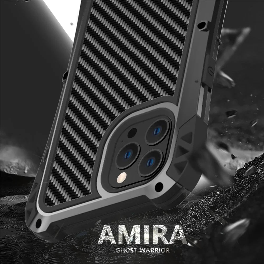 R-JUST AMIRA Carbon Fiber Texture Aluminium Alloy + Silicone + Tempered Glass Anti-fall Hybrid Case Phone Shell for iPhone 13 Pro 6.1 inch - Black - 4