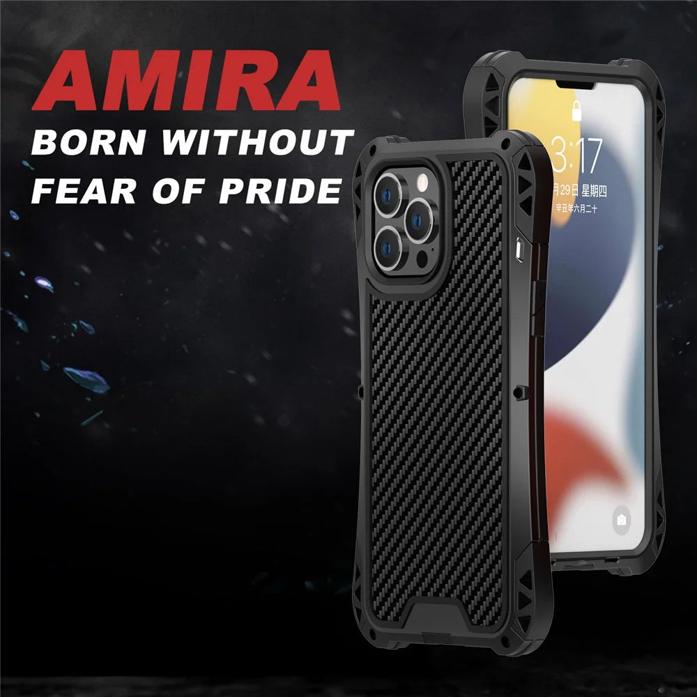 R-JUST AMIRA Carbon Fiber Texture Aluminium Alloy + Silicone + Tempered Glass Anti-fall Hybrid Case Phone Shell for iPhone 13 Pro 6.1 inch - Black - 5