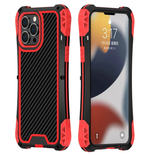 R-JUST AMIRA Aluminium Alloy + Silicone + Tempered Glass Four Corner Airbag Protective Phone Hybrid Case Cover for iPhone 13 Pro Max 6.7 inch - Black / Red - 1