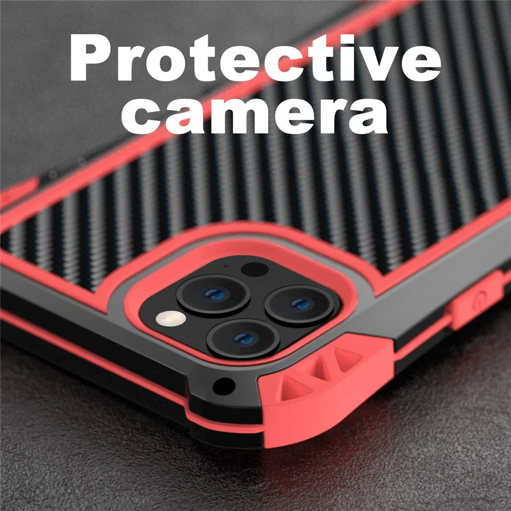 R-JUST AMIRA Aluminium Alloy + Silicone + Tempered Glass Four Corner Airbag Protective Phone Hybrid Case Cover for iPhone 13 Pro Max 6.7 inch - Black / Red - 2