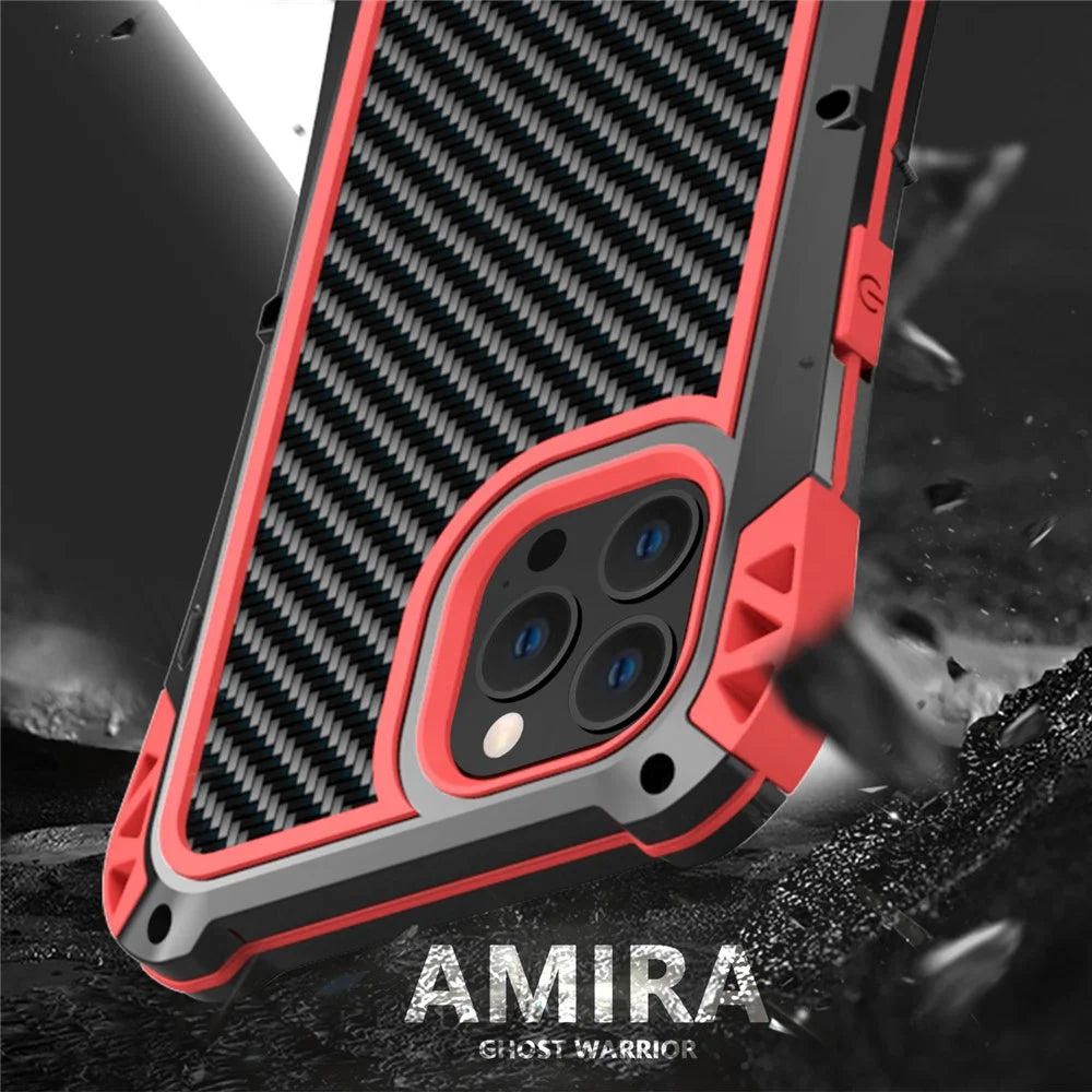 R-JUST AMIRA Aluminium Alloy + Silicone + Tempered Glass Four Corner Airbag Protective Phone Hybrid Case Cover for iPhone 13 Pro Max 6.7 inch - Black / Red - 4