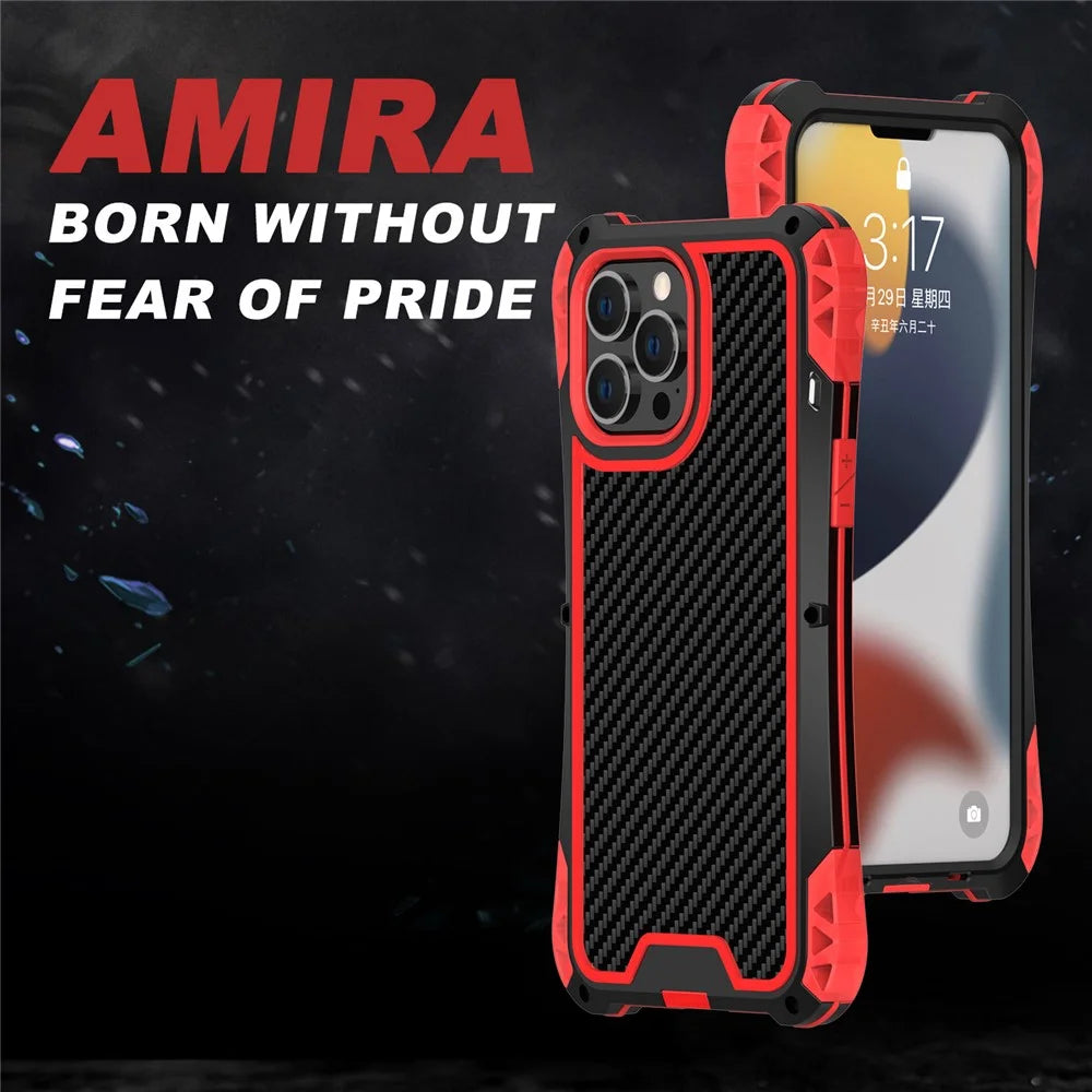 R-JUST AMIRA Aluminium Alloy + Silicone + Tempered Glass Four Corner Airbag Protective Phone Hybrid Case Cover for iPhone 13 Pro Max 6.7 inch - Black / Red - 5