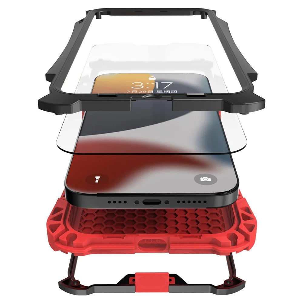 R-JUST AMIRA Aluminium Alloy + Silicone + Tempered Glass Four Corner Airbag Protective Phone Hybrid Case Cover for iPhone 13 Pro Max 6.7 inch - Black / Red - 6