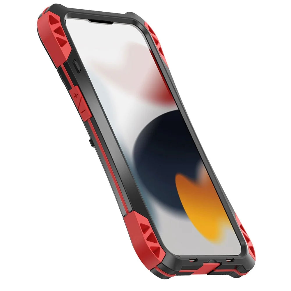 R-JUST AMIRA Aluminium Alloy + Silicone + Tempered Glass Four Corner Airbag Protective Phone Hybrid Case Cover for iPhone 13 Pro Max 6.7 inch - Black / Red - 7
