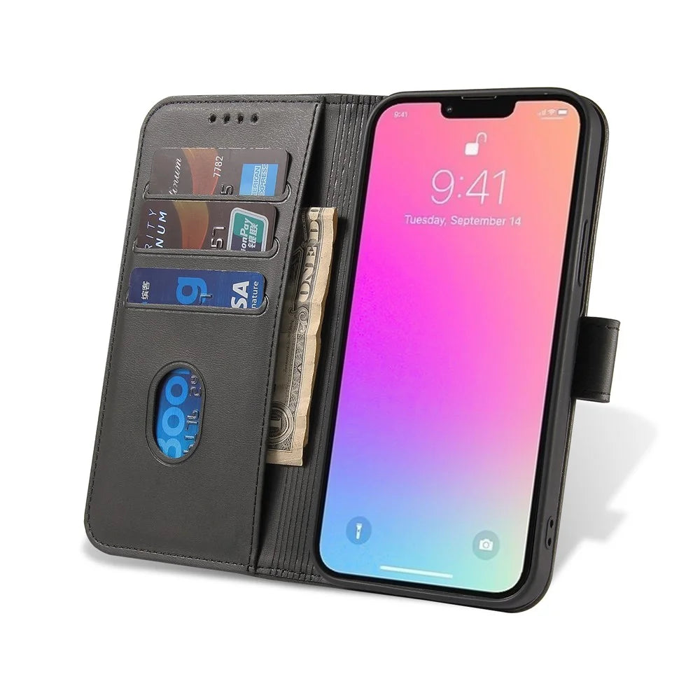 Quality PU Leather + TPU Phone Case Wallet Design Phone Cover for iPhone 13 6.1 inch - Black - 4