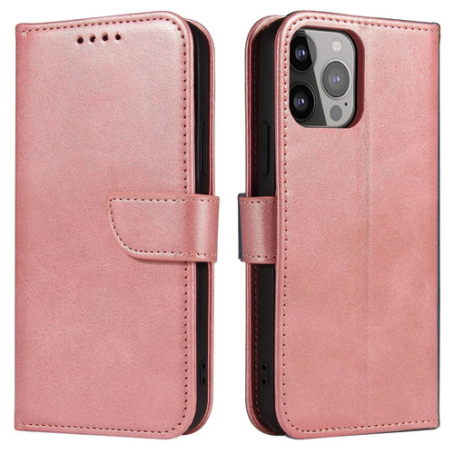PU Leather Wallet Stand Phone Case Magnetic Design Phone Cover for iPhone 13 mini 5.4 inch - Rose Gold - 1