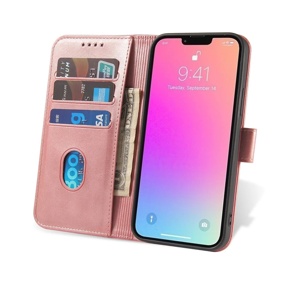 PU Leather Wallet Stand Phone Case Magnetic Design Phone Cover for iPhone 13 mini 5.4 inch - Rose Gold - 4