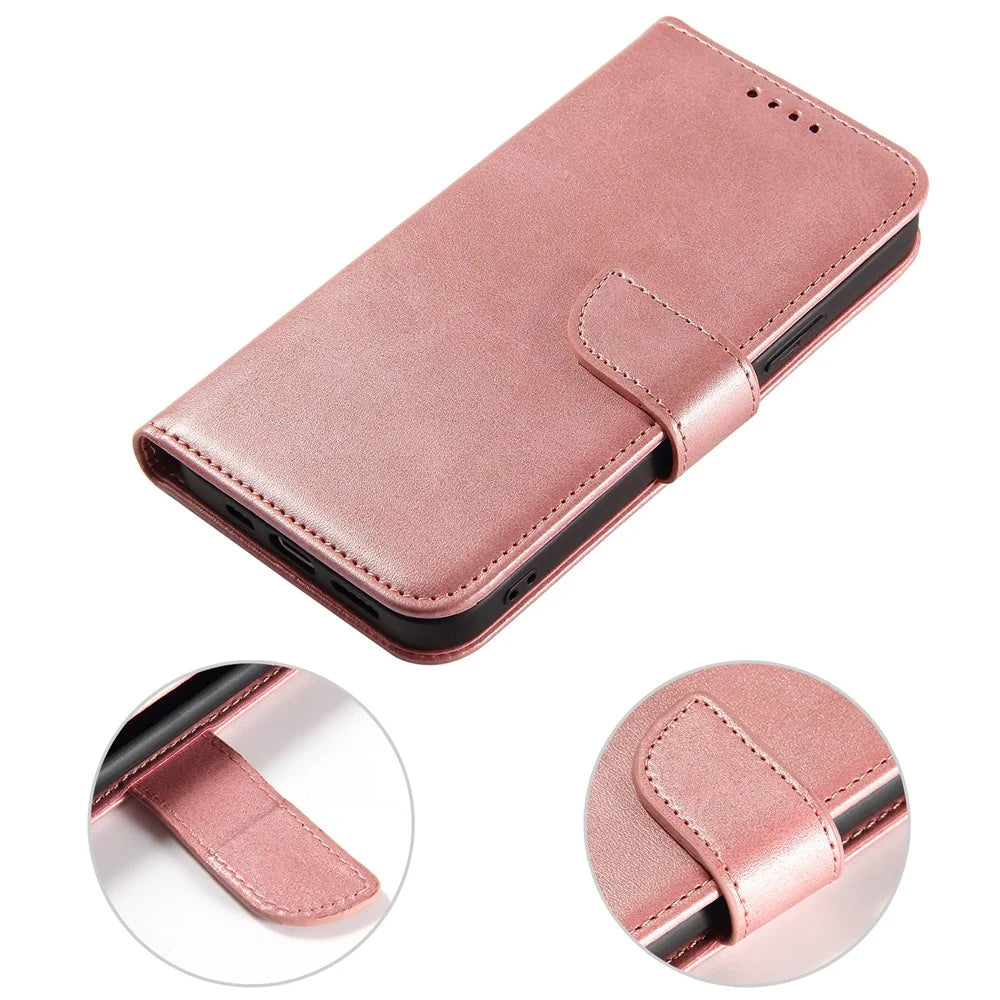 PU Leather Wallet Stand Phone Case Magnetic Design Phone Cover for iPhone 13 mini 5.4 inch - Rose Gold - 7