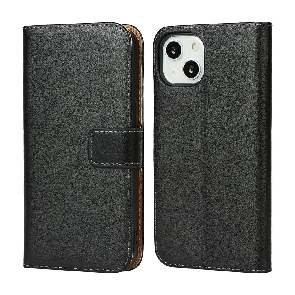 Genuine Leather Anti-Scratch Phone Cover Dust-Proof Stand Phone Case with Wallet for iPhone 13 6.1 inch - 1