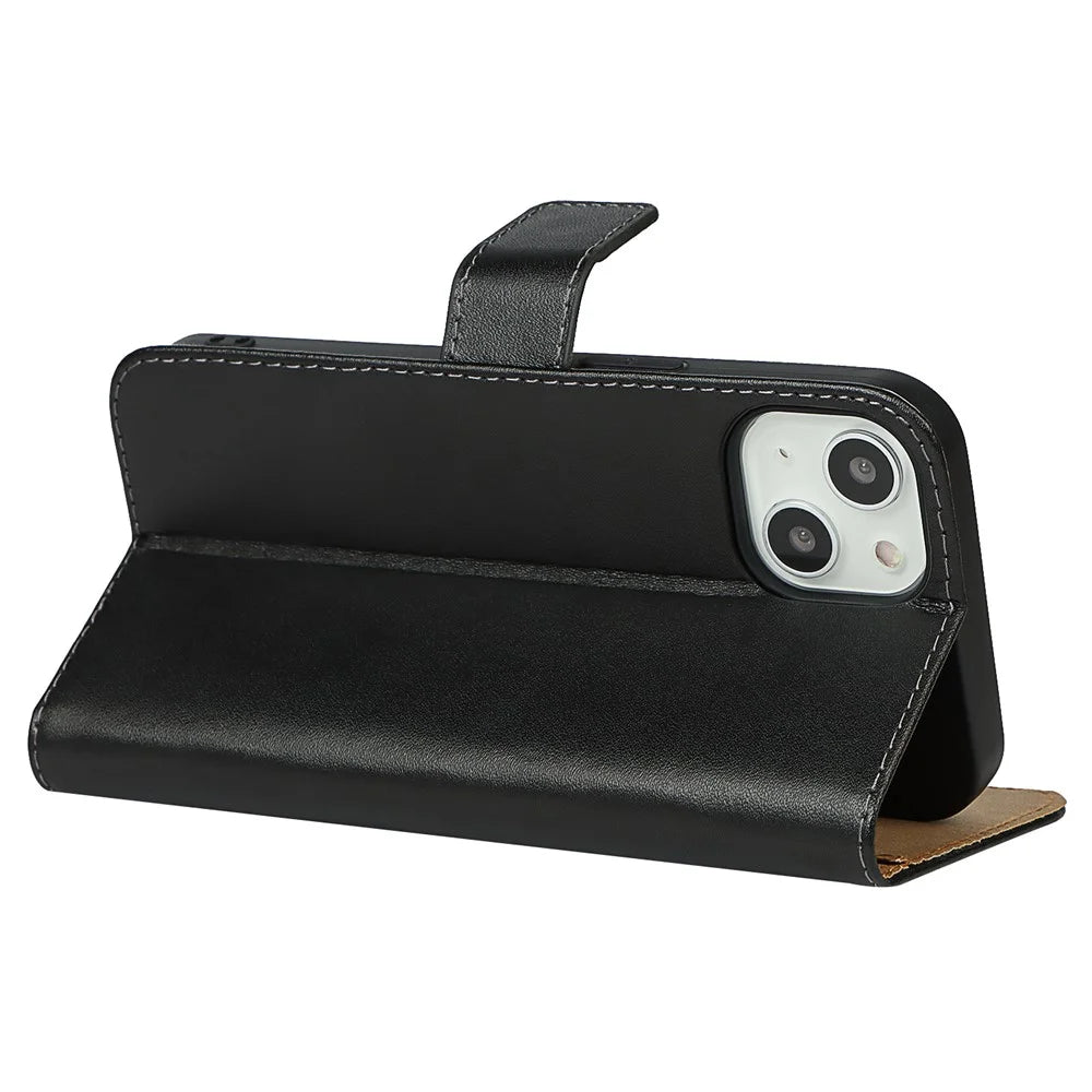 Genuine Leather Anti-Scratch Phone Cover Dust-Proof Stand Phone Case with Wallet for iPhone 13 6.1 inch - 6